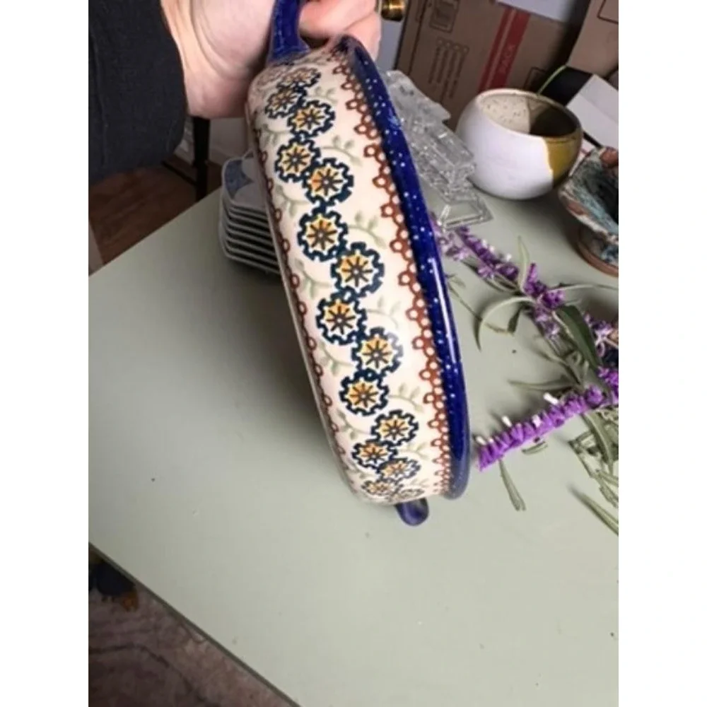 Vintage Hand-painted Serving Dish Stoneware Cobalt Blue‎ Floral Unikat Pattern